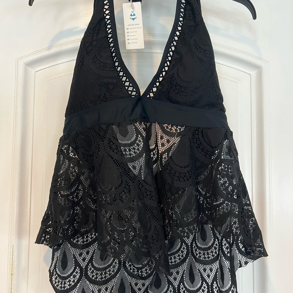 Halter Neck Ruffle Hem Tankini top black large - Picture 5 of 9